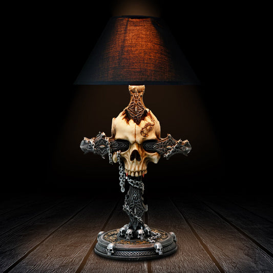 Cranium Crucis skull and crucifix lamp with deep red shade