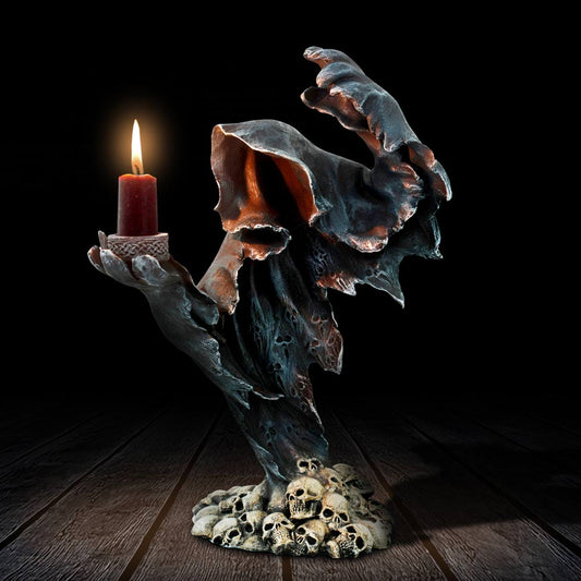 Gothic Flicker of Fate candle holder with skull and Death figure