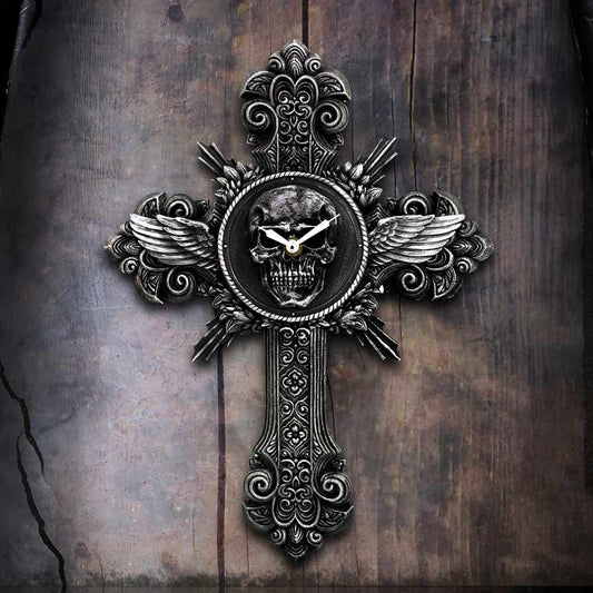 Memento Horas gothic wall clock with winged skull on ornate cross design