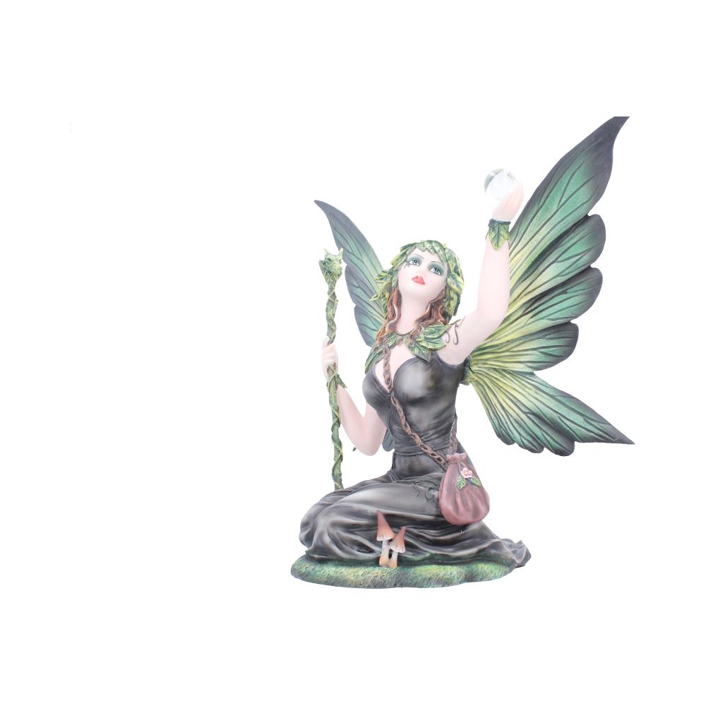 Elaria Gothic Woodland Fairy Figurine - Angled view of wings, staff and woodland base