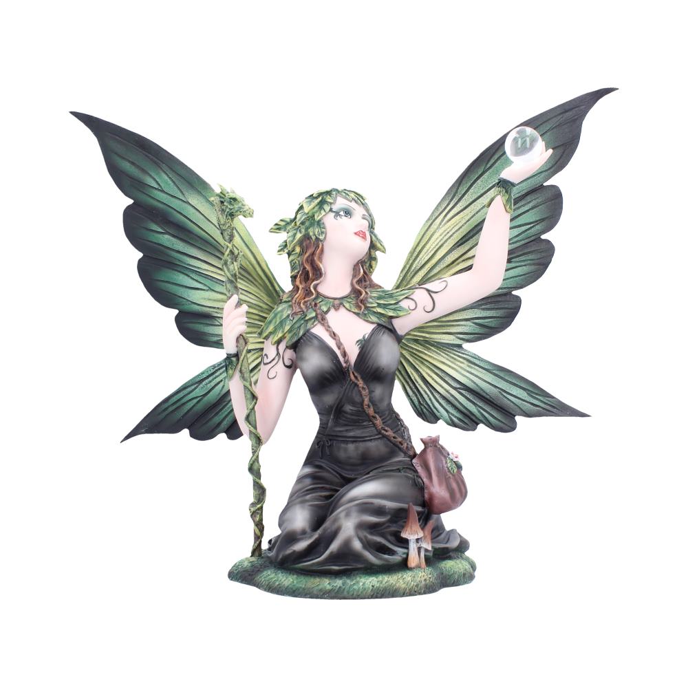 Elaria Gothic Woodland Fairy Figurine - Alternate front showing glass orb and leafy headband