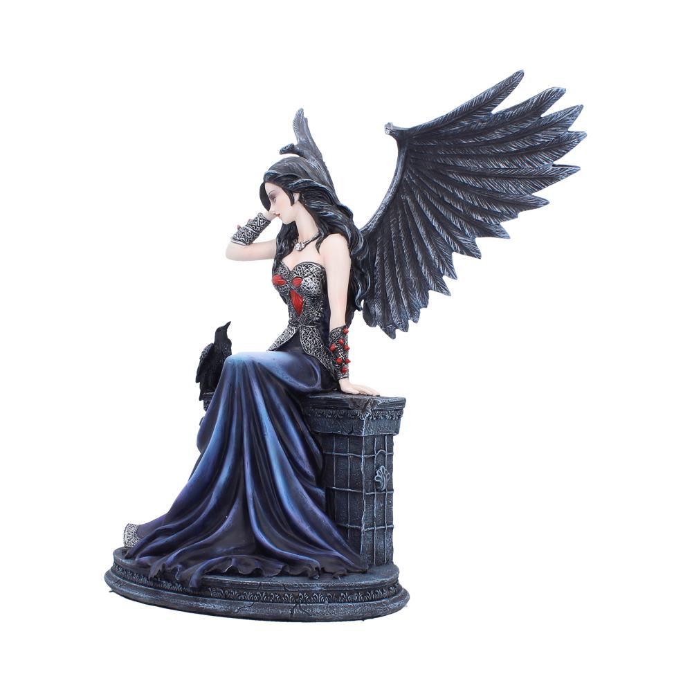 Ravynne Gothic Fairy and Raven Figurine - Side showing seated pose and dark feathered wings
