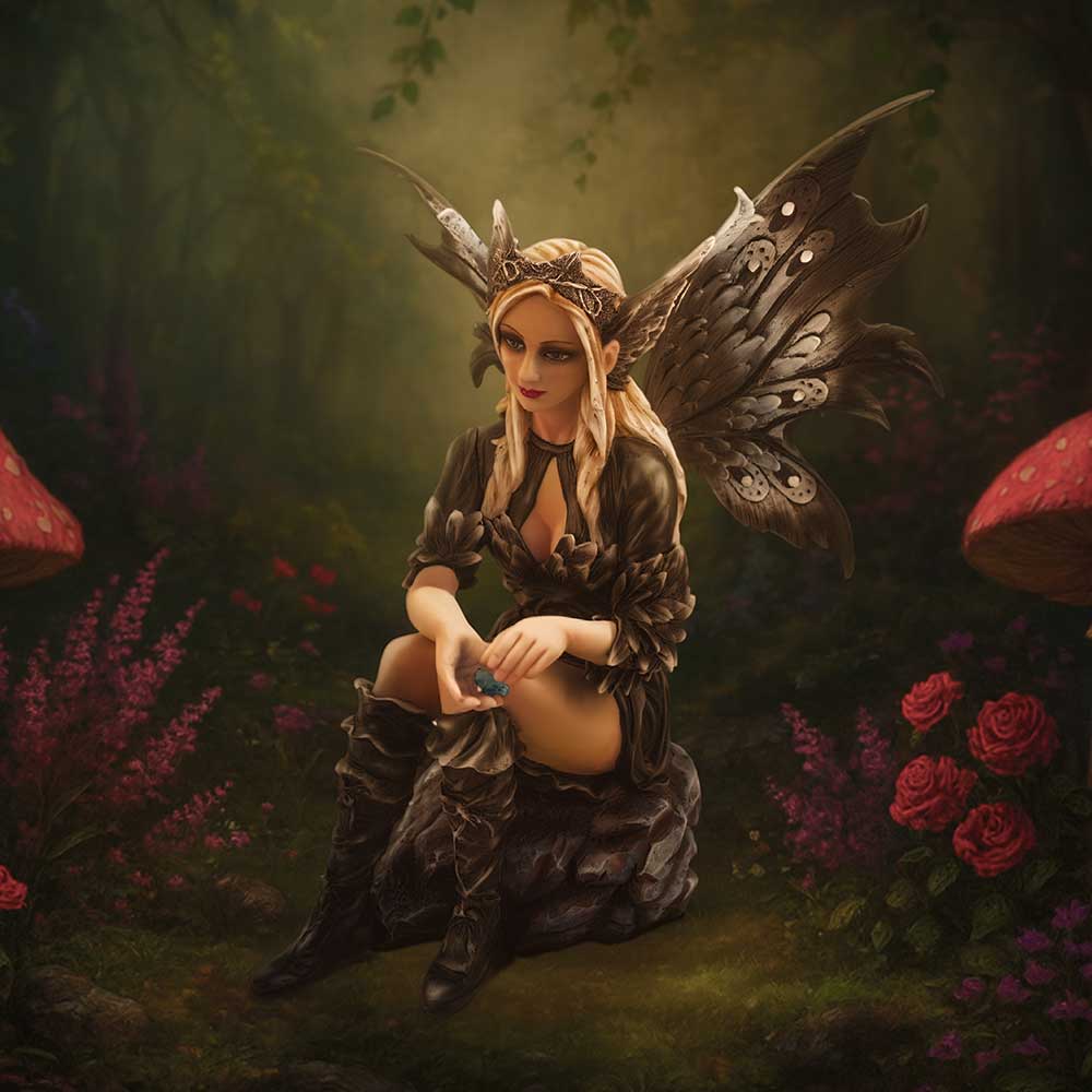 Velissara Gothic Fairy Figurine - Dark-winged fairy in a styled display