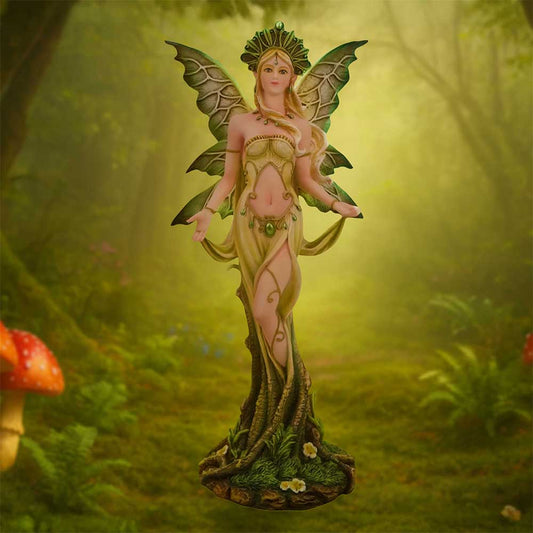 Forest Guardian Woodland Fairy Figurine - Green fairy in a styled forest display