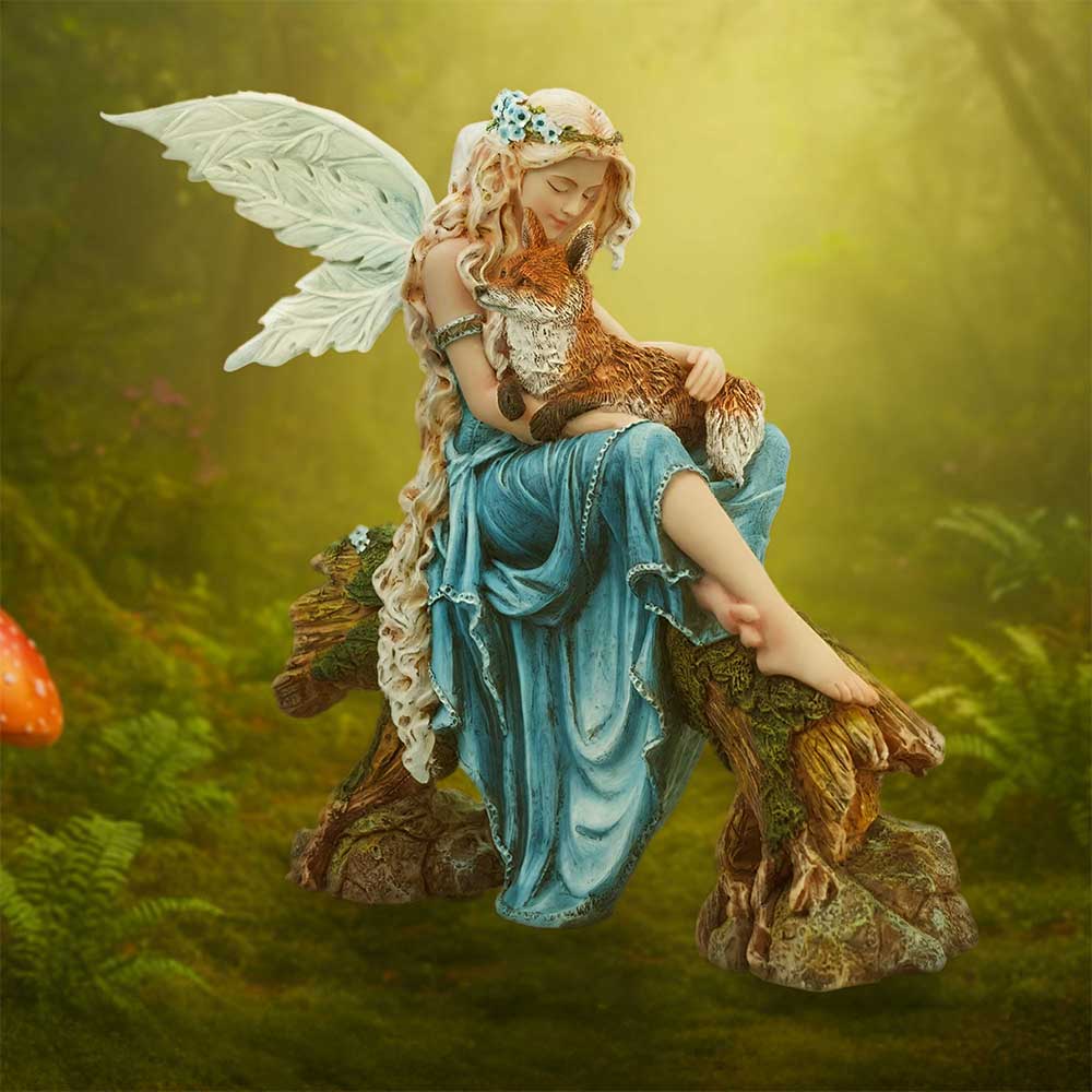 Elariel and Faelan Fairy and Fox Figurine - Fairy and fox in a styled woodland setting