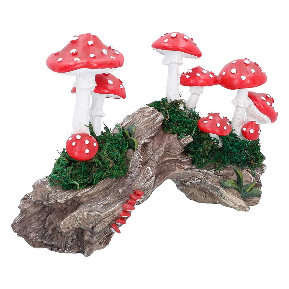 Toadstool Trunk Woodland Ornament - Opposite angle with red caps and green moss
