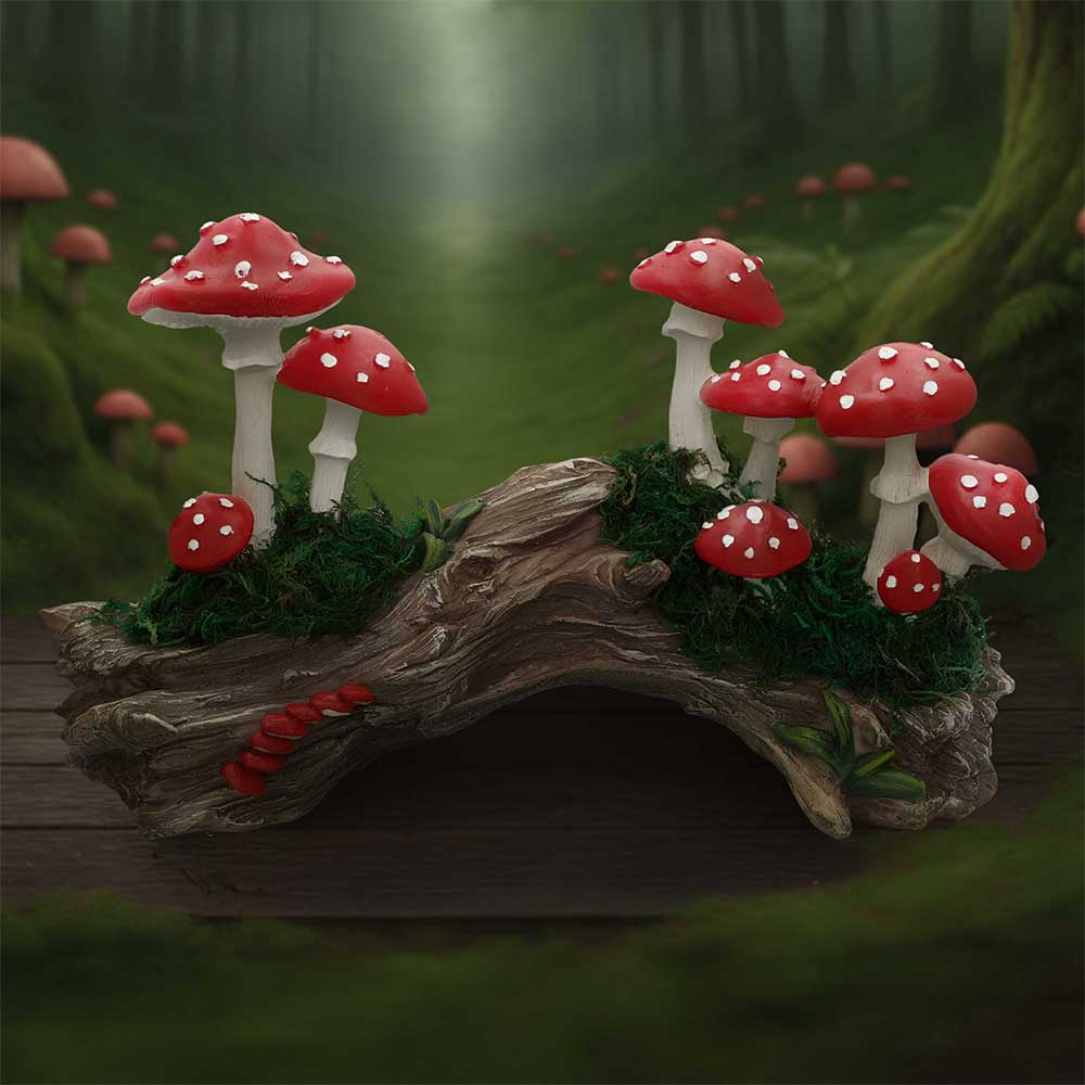 Toadstool Trunk Woodland Ornament - Mushroom log in a styled woodland setting