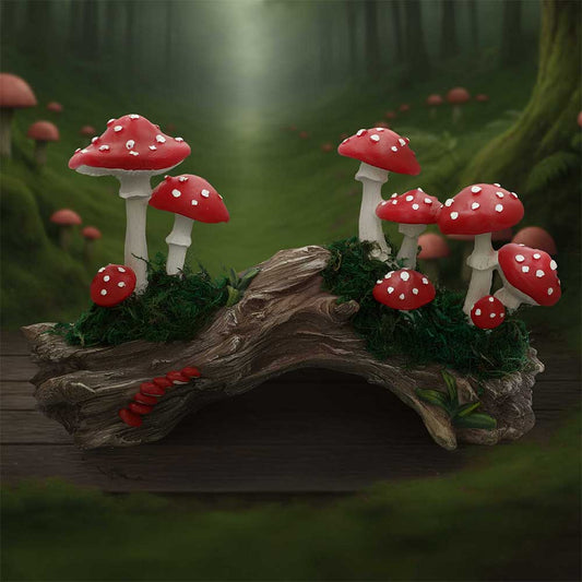Toadstool Trunk Woodland Ornament - Mushroom log in a styled woodland setting