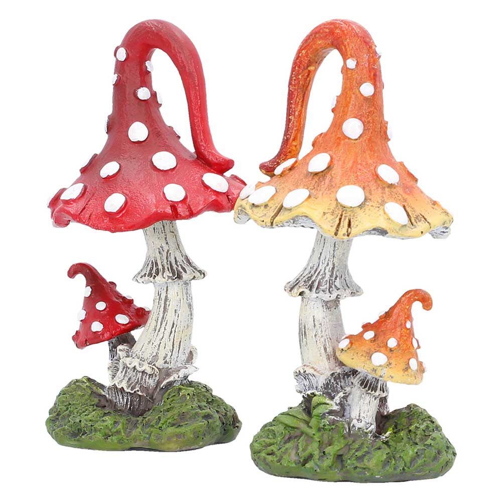 Woodland Whimsies Mushroom Ornament Set - Angle of two spotted caps on grassy bases