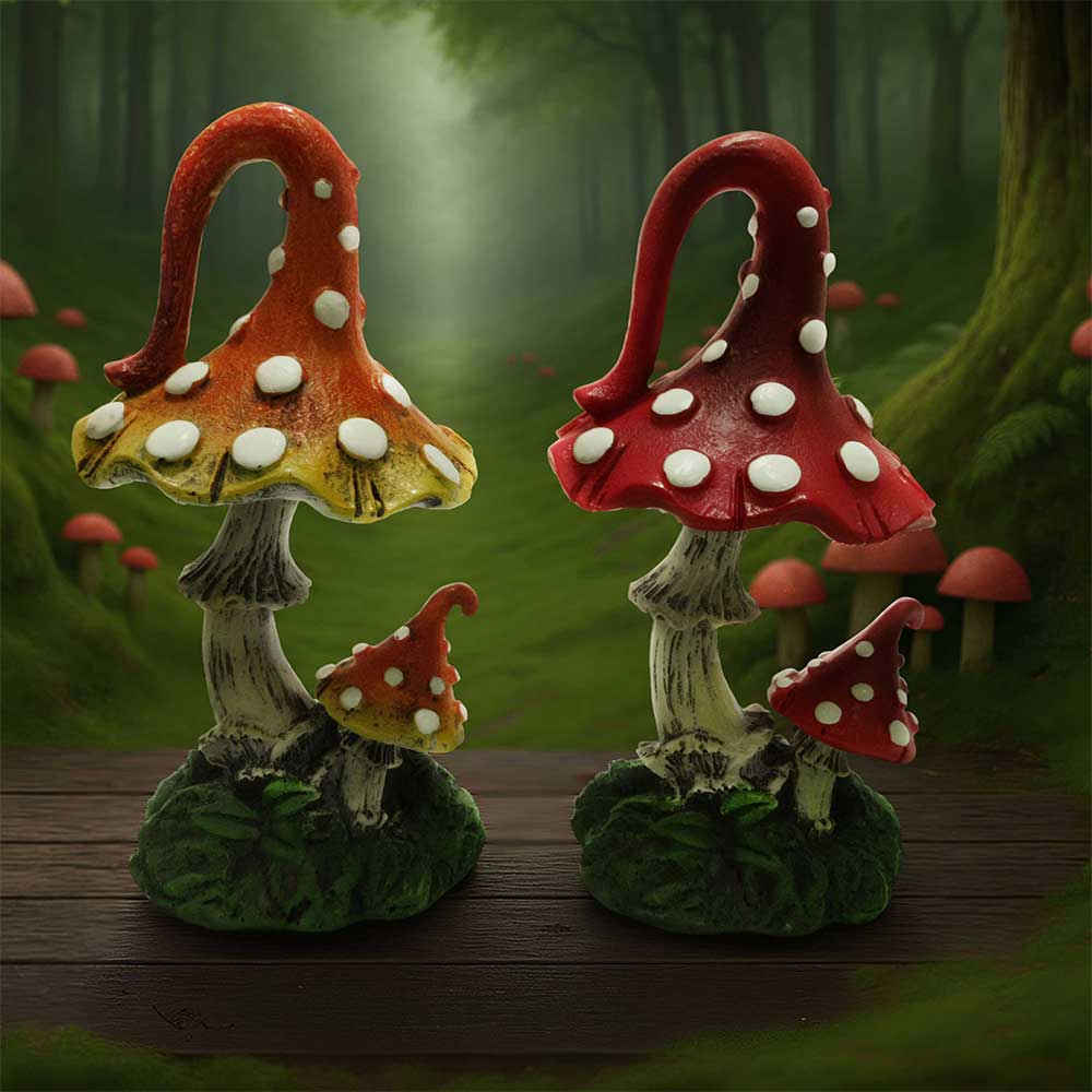 Woodland Whimsies Mushroom Ornament Set - Mushroom pair in a styled woodland setting