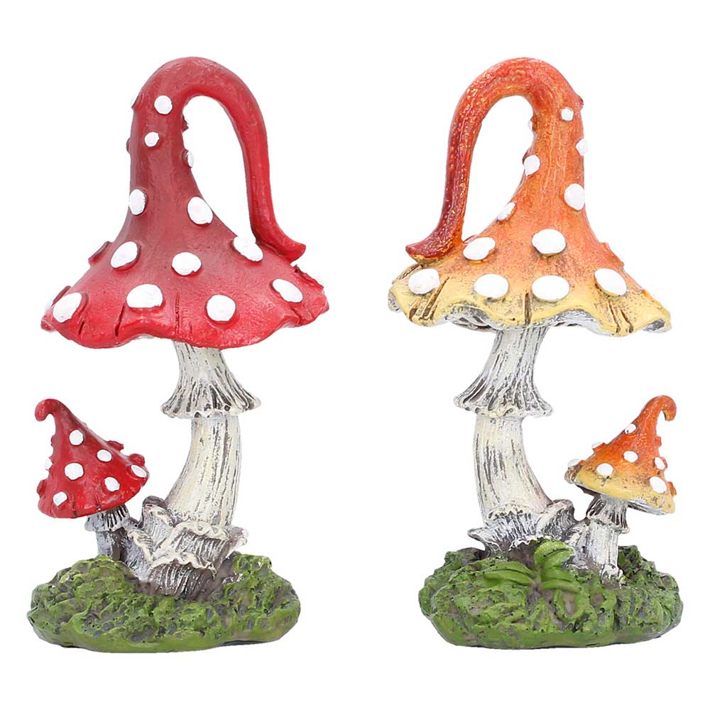 Woodland Whimsies Mushroom Ornament Set - Front showing red and orange curled mushrooms
