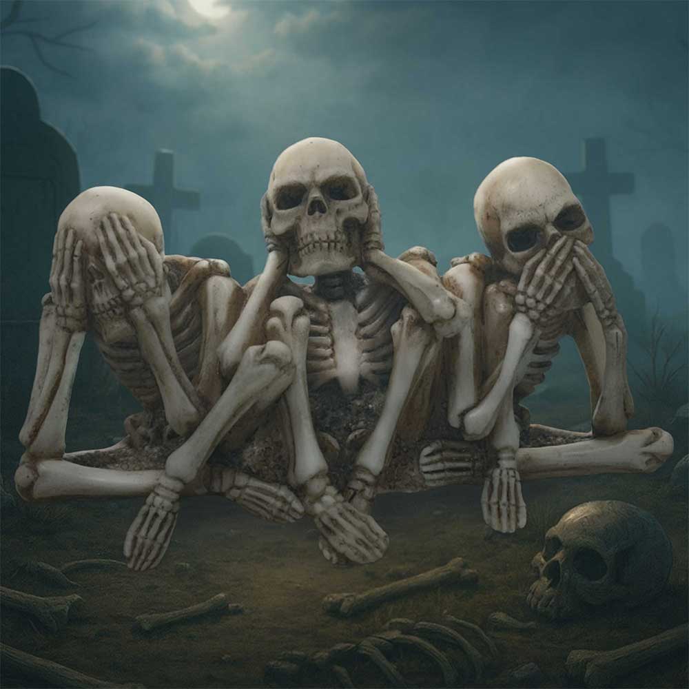 Three Wise Corpses hand-painted skeleton figurine set in See No Evil, Hear No Evil and Speak No Evil poses by Nemesis Now