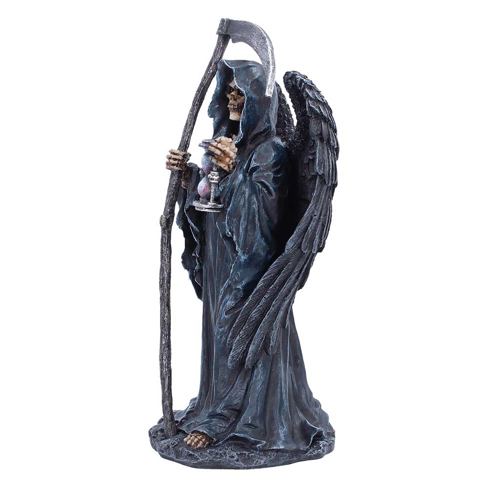 Hour of the Reaper Winged Figurine - Angle showing dark feathered wings and hourglass