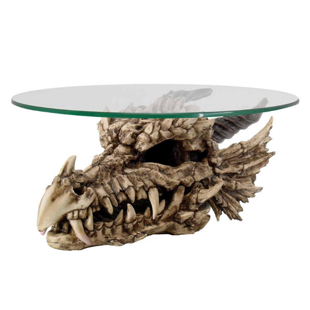 Draconic Relic Dragon Skull Table - Side angle of dragon skull supporting the table