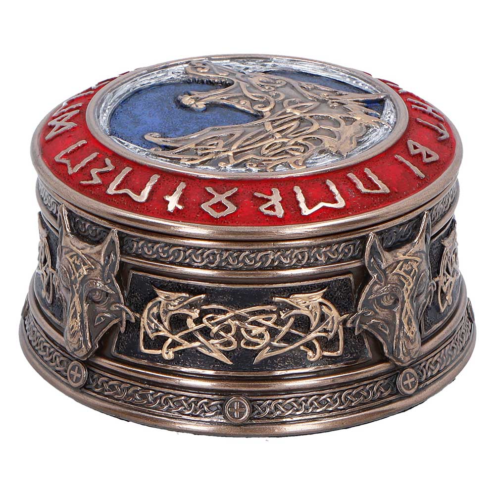 Fenrir’s Treasure Norse Wolf Box - Angle showing gold-toned knotwork and red rune band