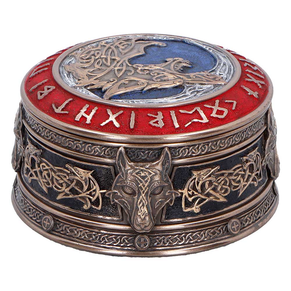 Fenrir’s Treasure Norse Wolf Box - Alternate angle of decorated lid and side panels