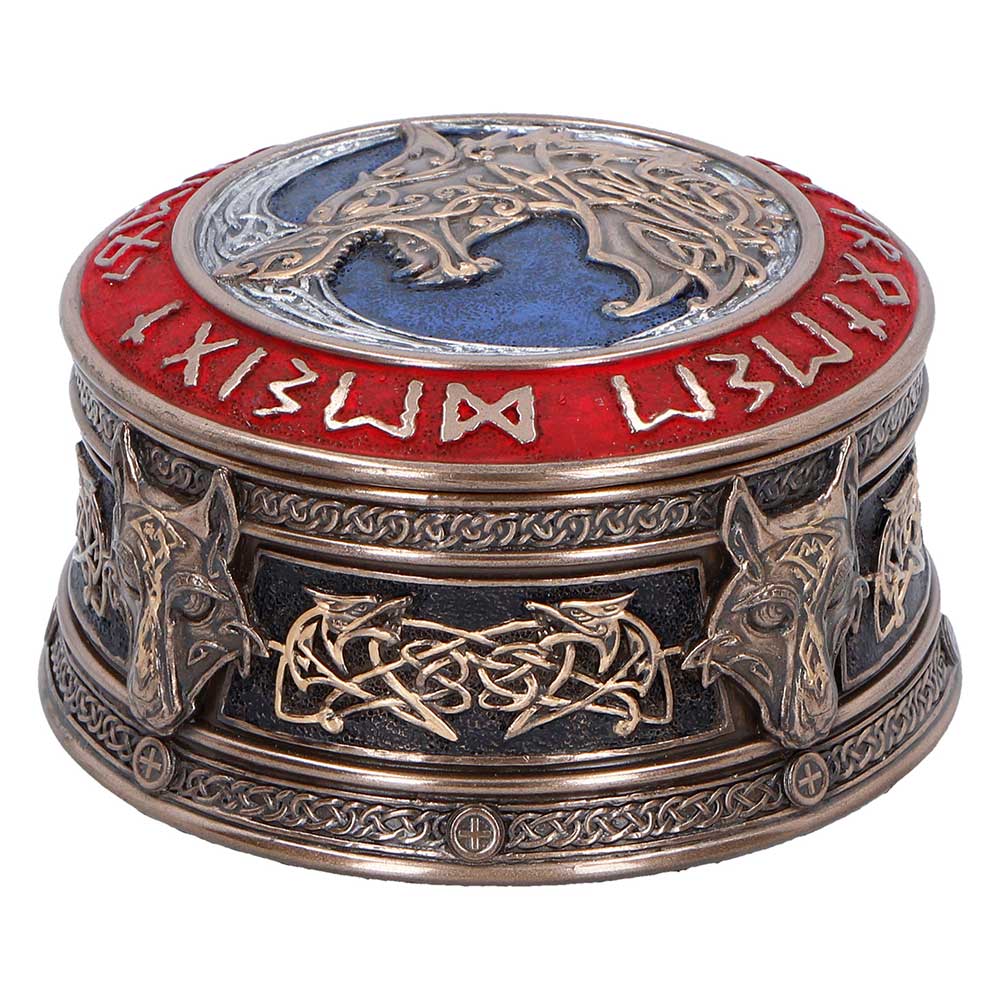 Fenrir’s Treasure Norse Wolf Box - Opposite angle with wolf motif and blue lid detail