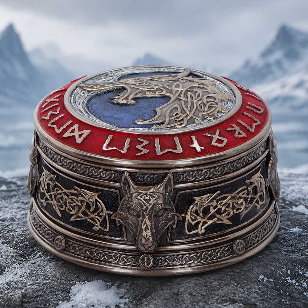 Fenrir’s Treasure Norse Wolf Box - Fenrir box in a styled Norse display