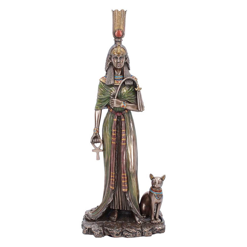 Egyptian Queen Nefertari Figurine - Front showing Egyptian figure with tall headdress and cat