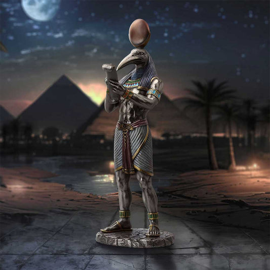 Thoth scroll-reading figurine on an Egyptian pyramid themed background