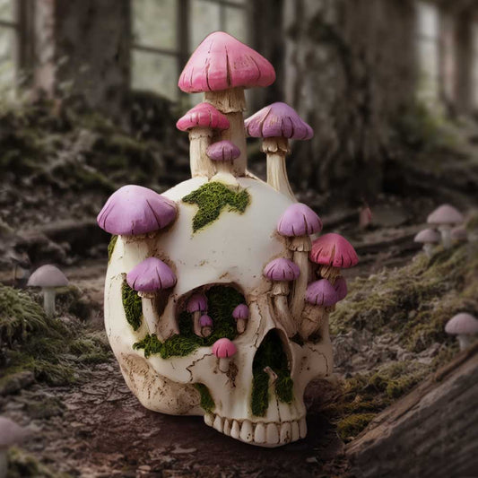 Sporebound Nemesis Now mushroom skull figurine with pink and purple mushrooms, green moss and weathered bone detail