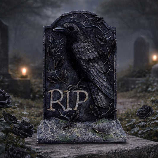 Last Perch Nemesis Now gothic raven gravestone ornament with RIP lettering, weathered stone effect, branches and mossy green detail