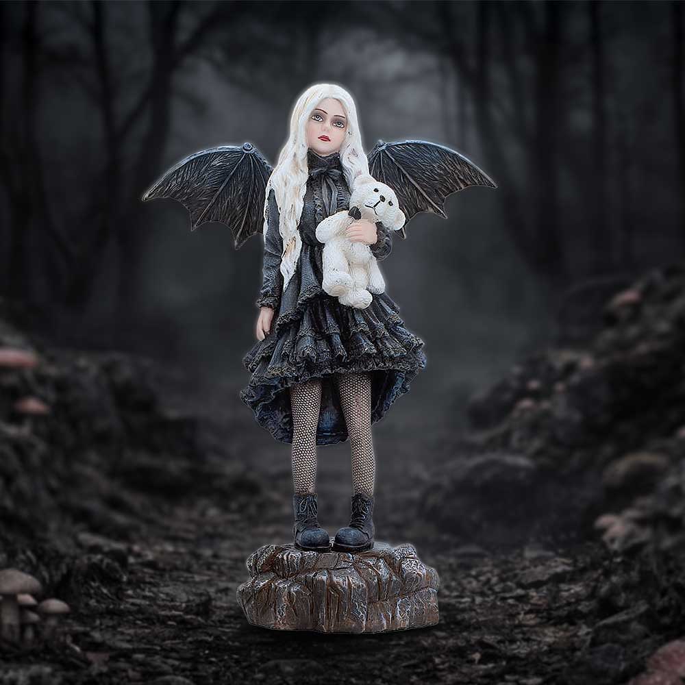 Gentle Hold Gothic Fairy Figurine - Teddy-holding fairy in a styled woodland setting