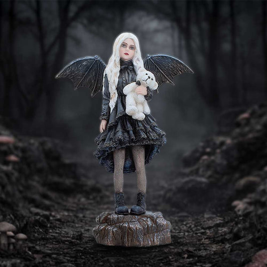 Gentle Hold Gothic Fairy Figurine - Teddy-holding fairy in a styled woodland setting
