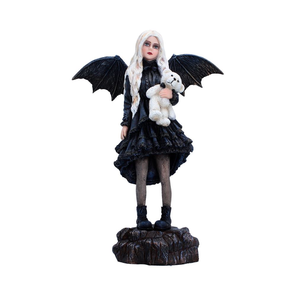 Gentle Hold Gothic Fairy Figurine - Front showing pale-haired fairy holding white teddy