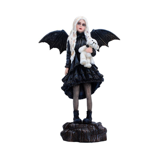 Gentle Hold Gothic Fairy Figurine - Front showing pale-haired fairy holding white teddy