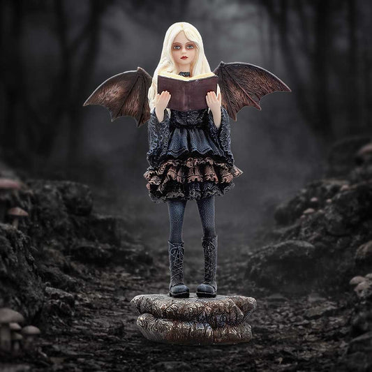 Hidden Verses Gothic Fairy Figurine - Book-holding fairy in a styled forest display