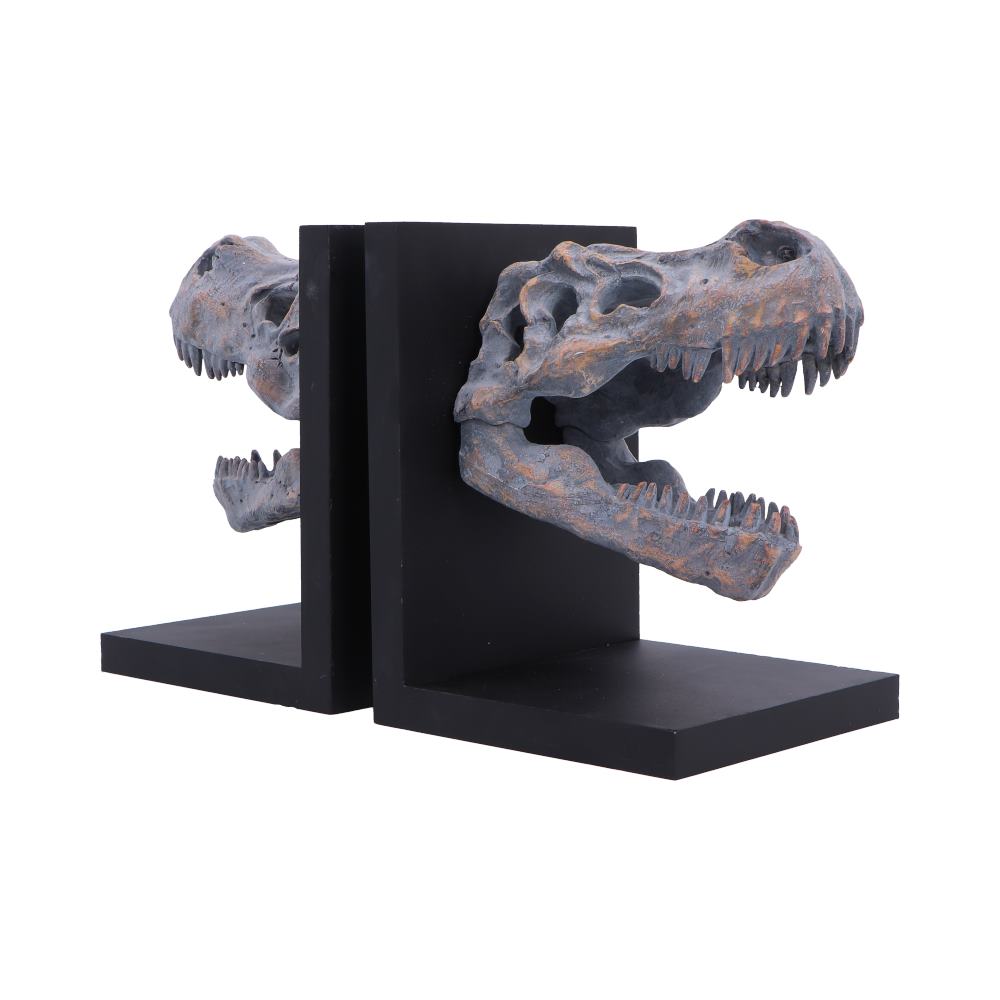 Tyrannosaurus Rex Skull Bookends - Angle of skulls and flat black book supports