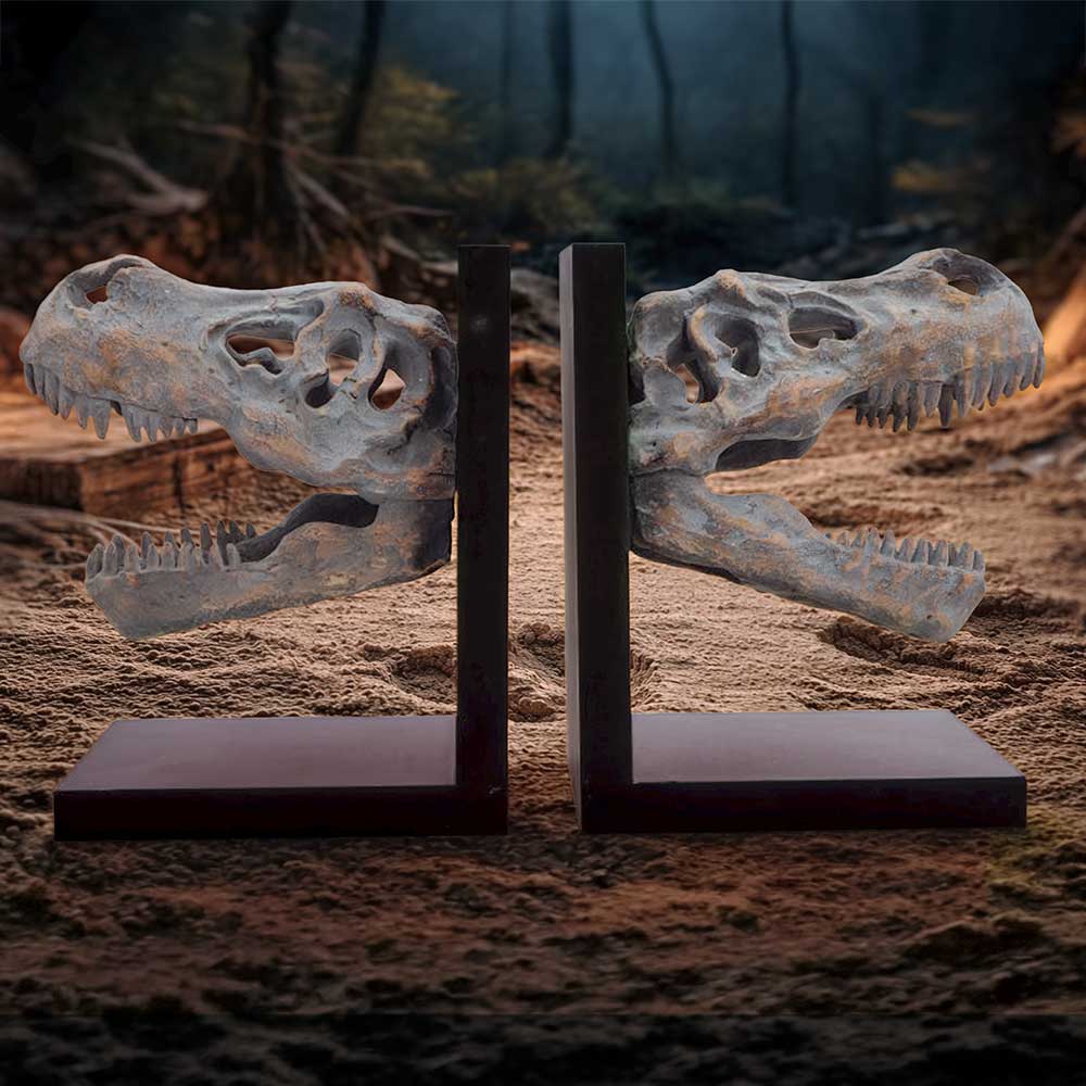 Tyrannosaurus Rex Skull Bookends - Dinosaur skull bookends in a styled prehistoric setting