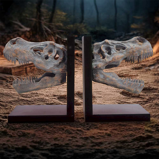 Tyrannosaurus Rex Skull Bookends - Dinosaur skull bookends in a styled prehistoric setting