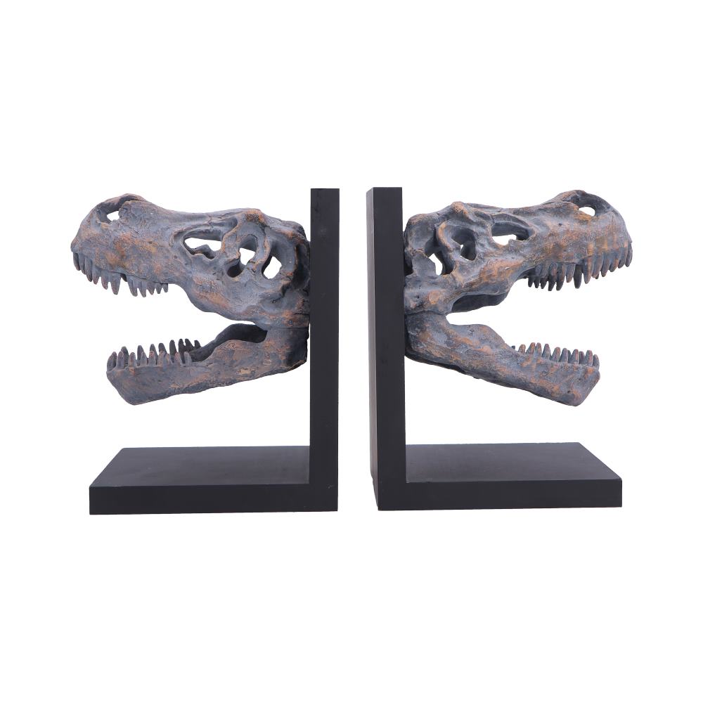 Tyrannosaurus Rex Skull Bookends - Front showing paired outward-facing dinosaur skulls