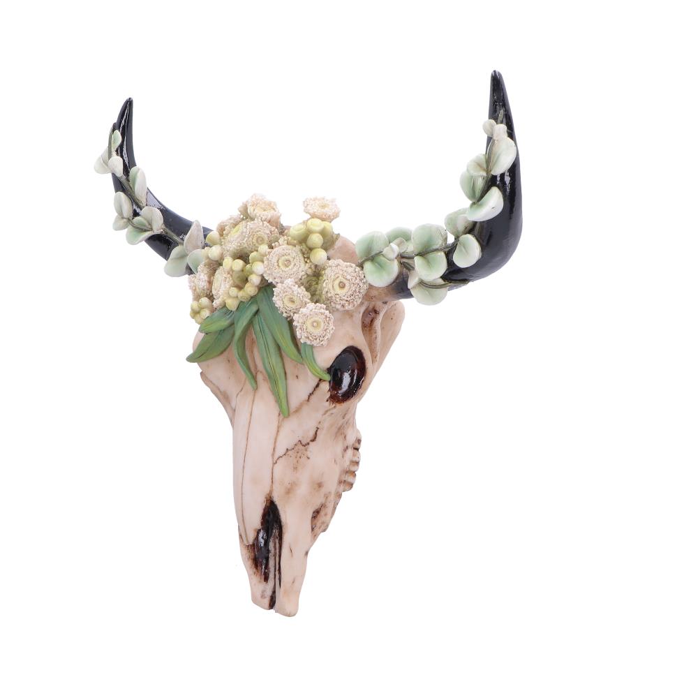Floral Crown Bull Skull Wall Ornament - Angle of leafy horn details and long skull