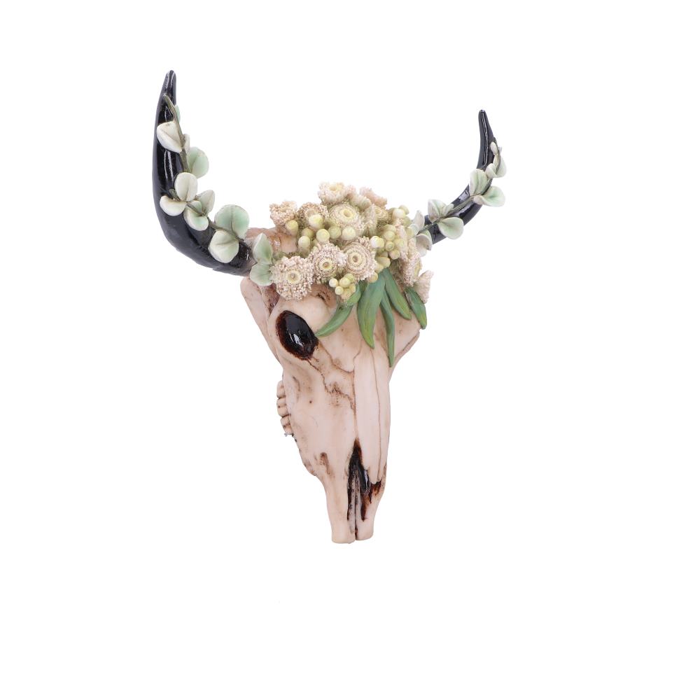 Floral Crown Bull Skull Wall Ornament - Opposite front angle of floral crown and eye openings