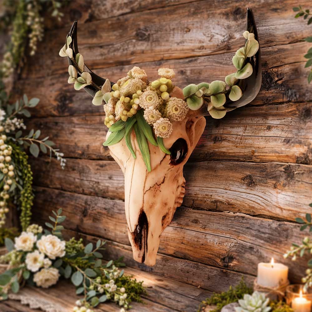 Floral Crown Bull Skull Wall Ornament - Flower-crowned skull in a styled wall display