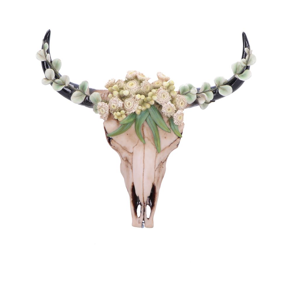 Floral Crown Bull Skull Wall Ornament - Front showing bull skull crowned with pale flowers