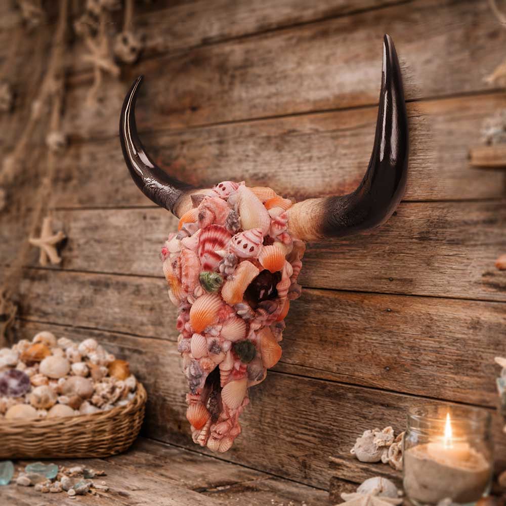 Ocean Crown Bull Skull Wall Ornament - Ocean Crown skull in a styled coastal wall display