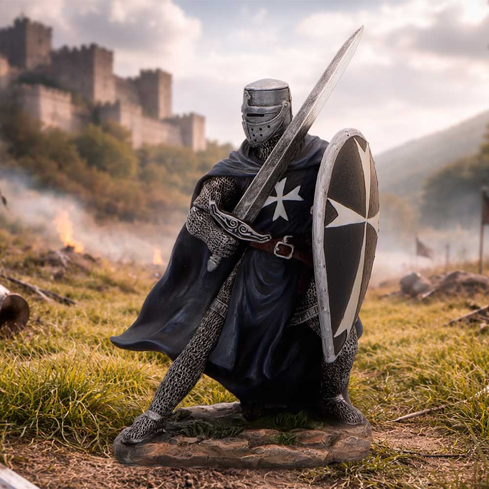 Knight Hospitaller Medieval Figurine - Black knight in a styled medieval setting