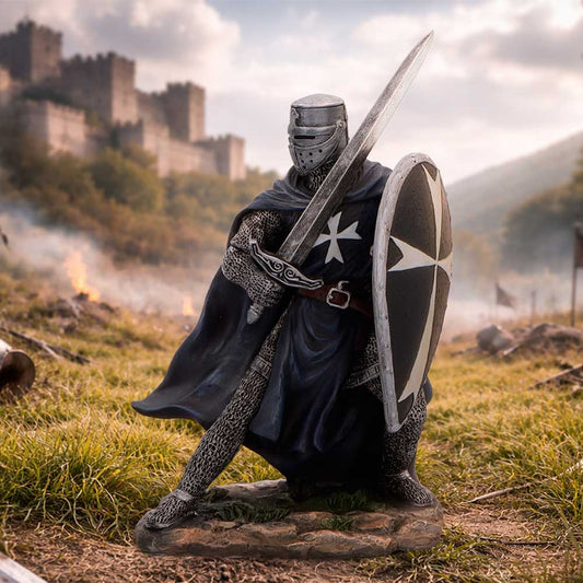 Knight Hospitaller Medieval Figurine - Black knight in a styled medieval setting