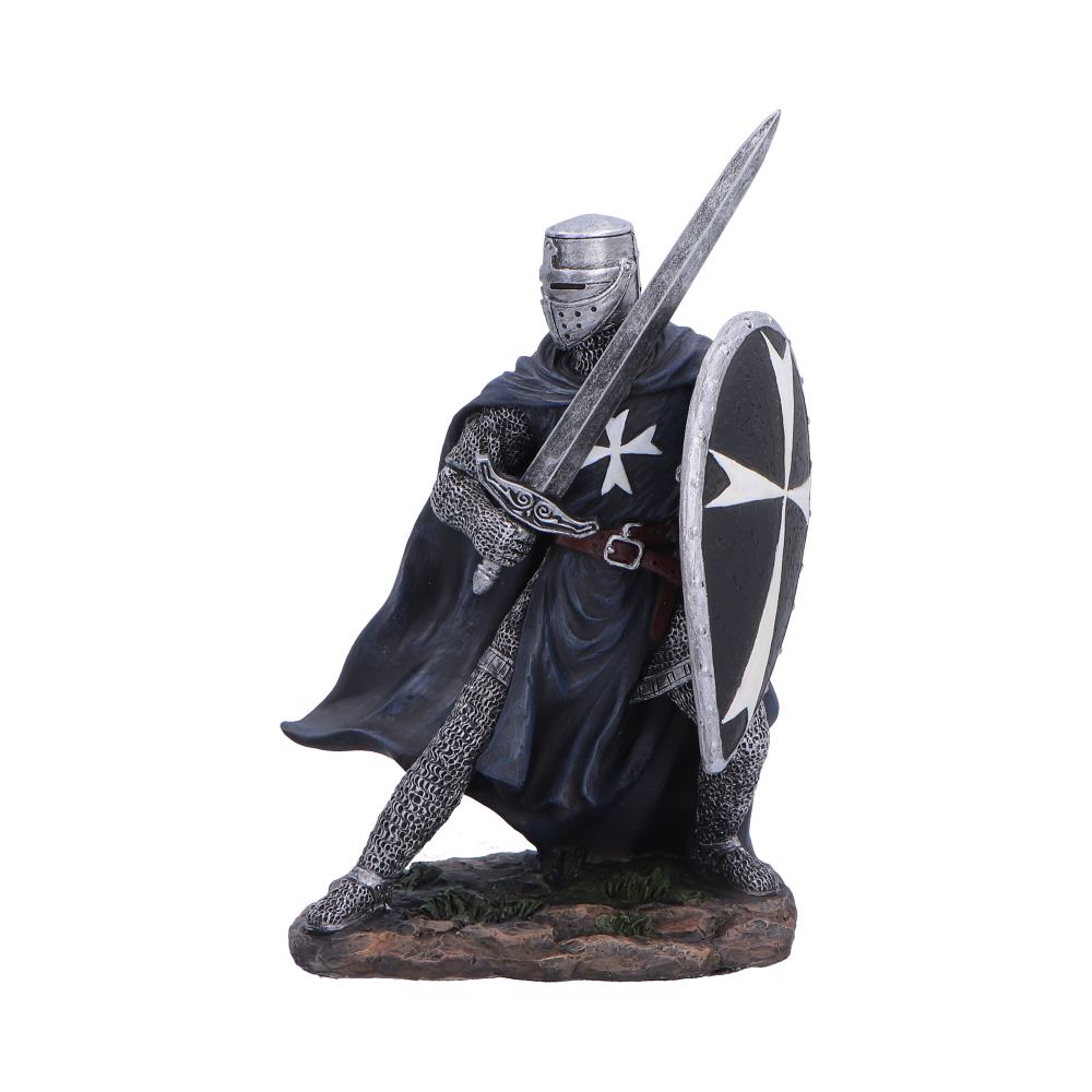 Knight Hospitaller Medieval Figurine - Front showing black knight with raised sword and shield