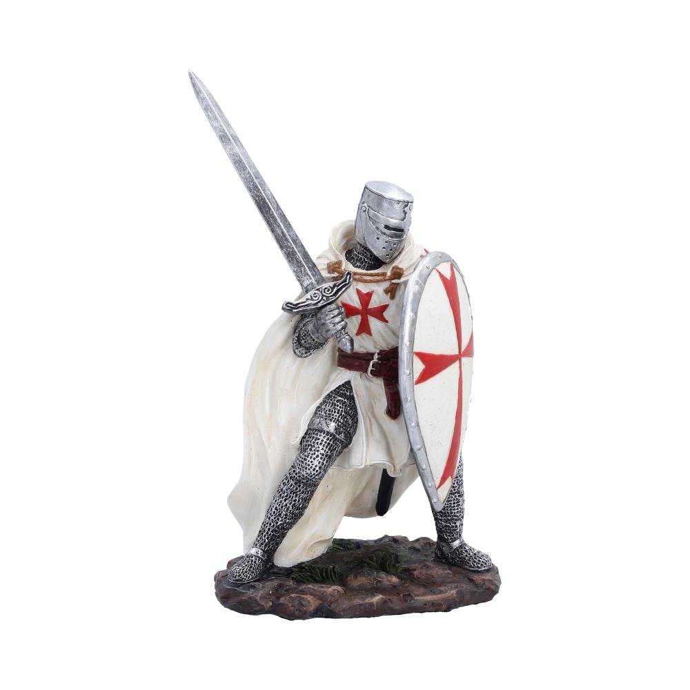 Knight Templar Medieval Figurine - Opposite angle of silver-tone armour and shield