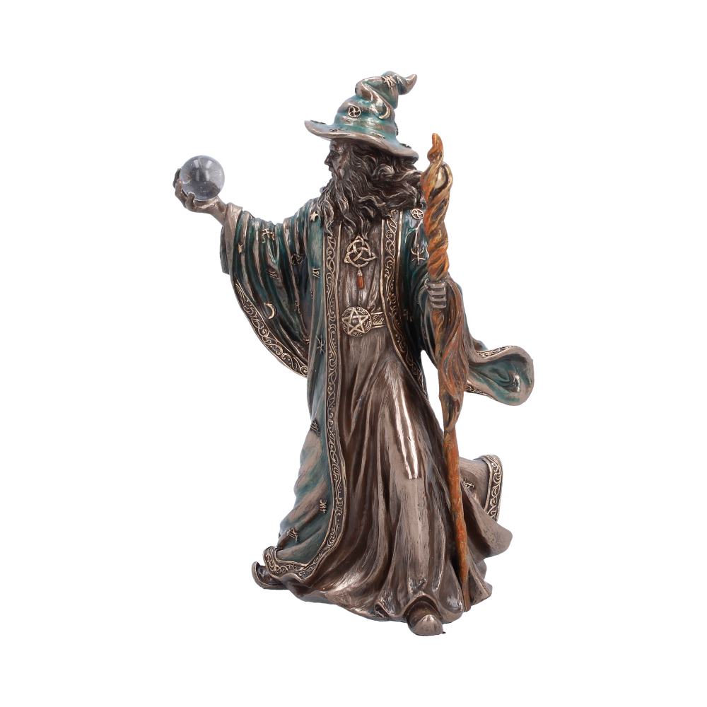 The Sorcerer Bronze-Finish Wizard Figurine - Angle of green-toned robes and crooked hat