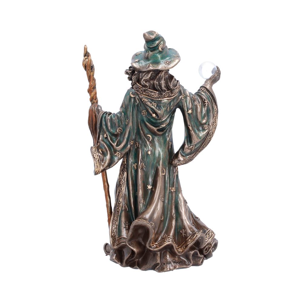 The Sorcerer Bronze-Finish Wizard Figurine - Rear showing long hair and flowing robe folds