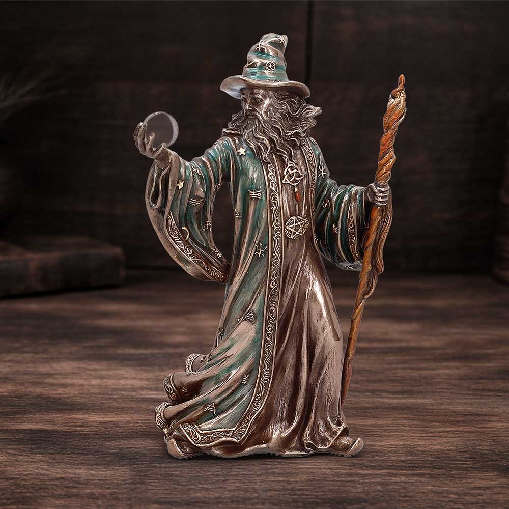 The Sorcerer Bronze-Finish Wizard Figurine - Wizard in a styled magical setting