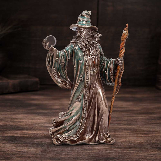 The Sorcerer Bronze-Finish Wizard Figurine - Wizard in a styled magical setting