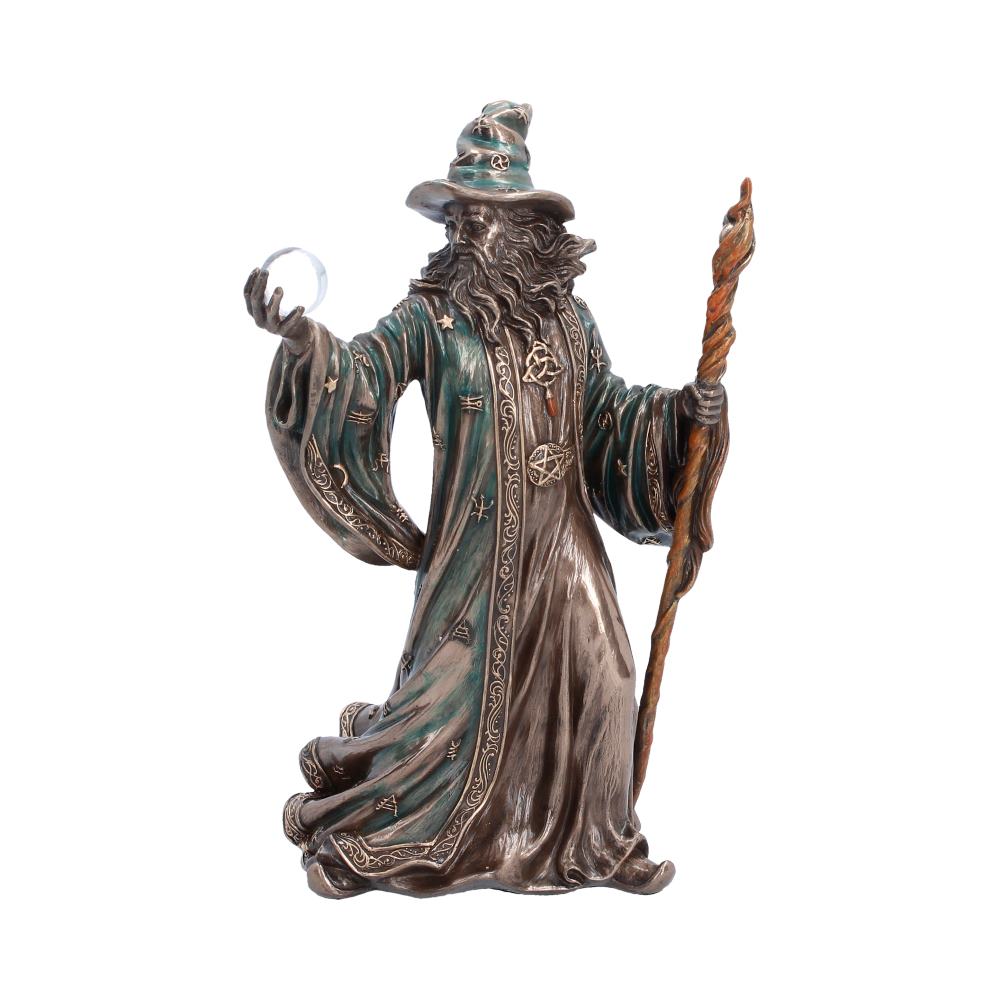 The Sorcerer Bronze-Finish Wizard Figurine - Front showing wizard with orb and twisting staff