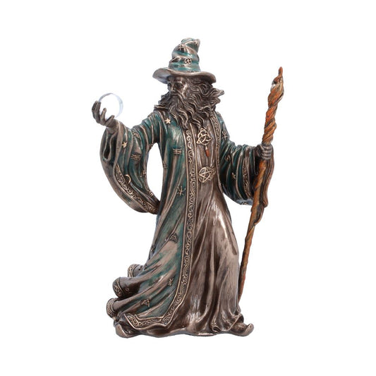 The Sorcerer Bronze-Finish Wizard Figurine - Front showing wizard with orb and twisting staff